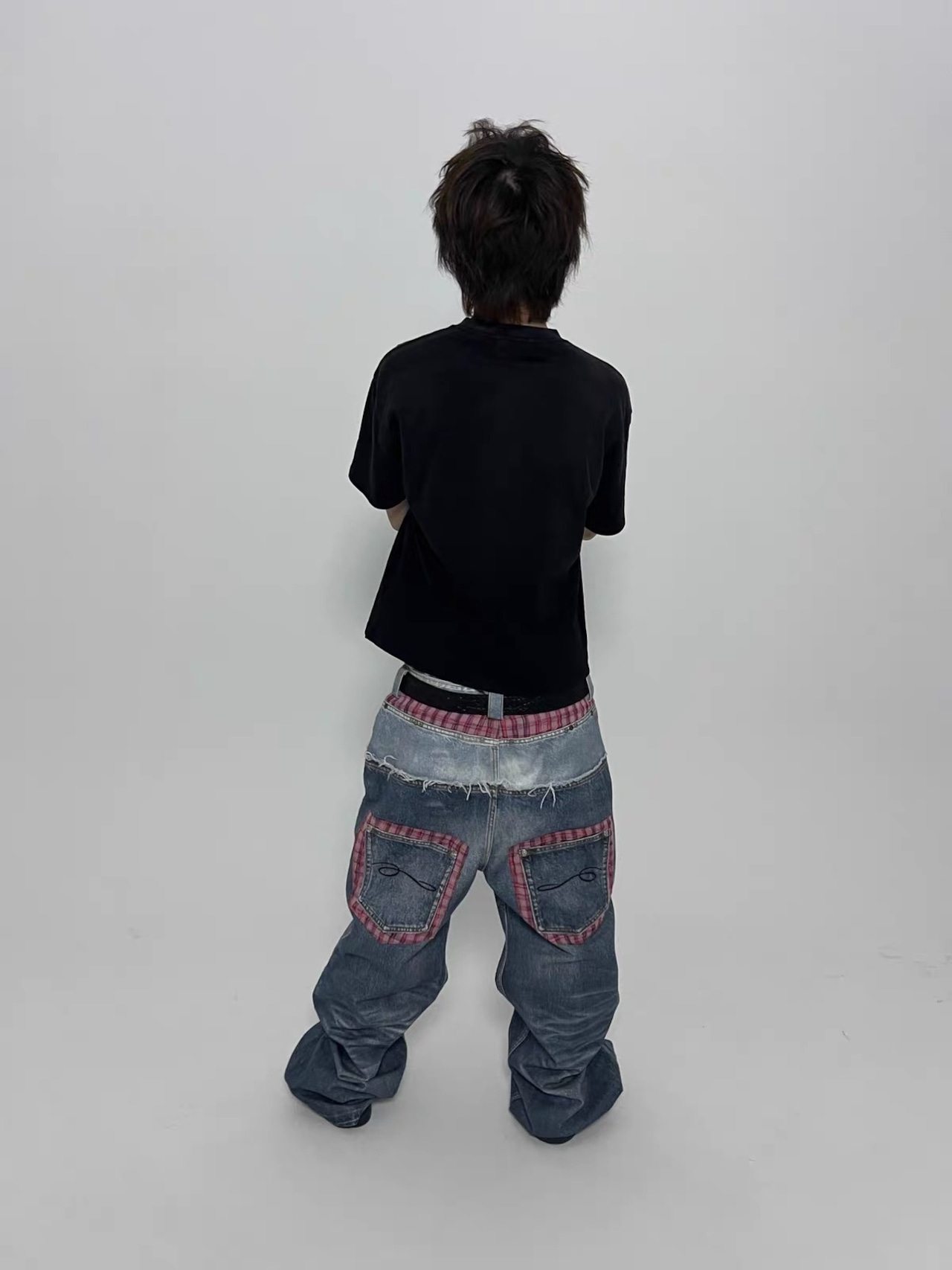 【TecNineGroup】PLAID DOUBLE-WAIST JEANS
