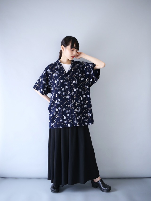 "花柄" navy base beautiful blue flower open collar h/s shirt