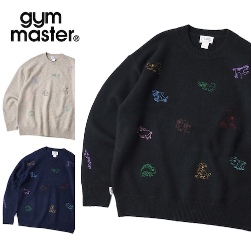 gym master ジムマスター 刺繍ニット アニマル クルーネック メンズ レディース ニット セーター 総柄 刺繍 カジュアル アウトドア G833781