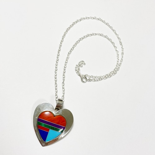 Vintage Zuni Signed Multi Stone Mosaic Inlay Heart Shaped Pendant Necklace