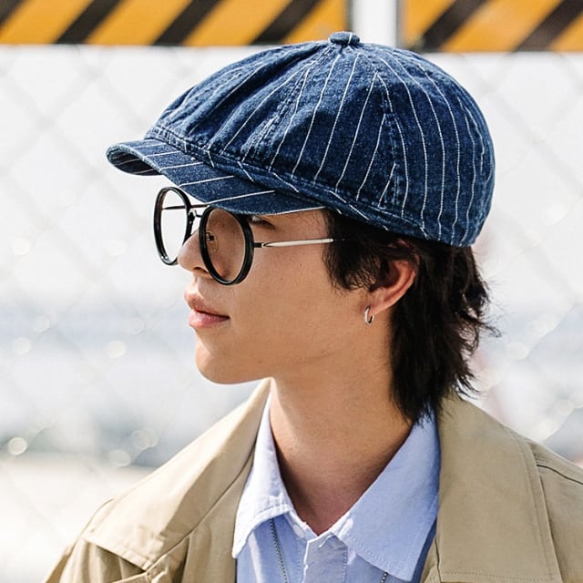 【予約販売】キャスケット メンズ 紳士 シック デニム ストライプ柄 ネイビー/ブラック レトロ クラシカル ベーシック シンプル かっこいい こなれ感 お洒落 韓国 トレンド