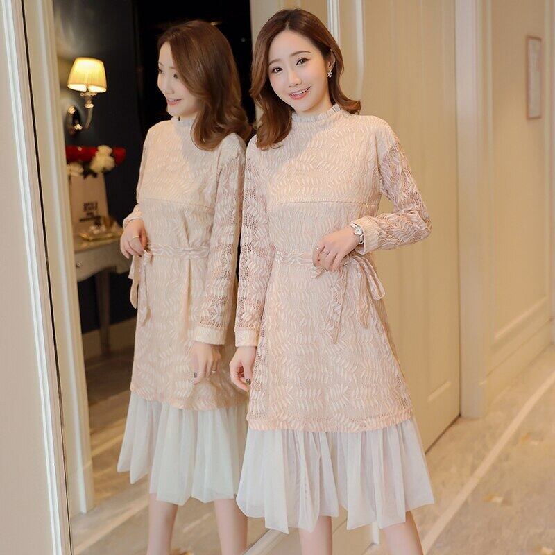 【新作】【送料無料】 春マタニティレースドレス分娩後の女性タートルネックジッパー授乳ドレス母乳育児プリーツドレスベルト スプリング 春物 ハーネス AL expec334176796880