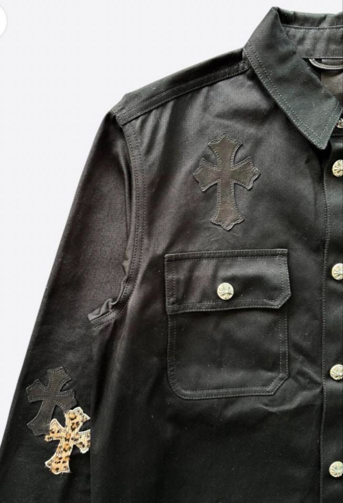 専用ページクロムハーツ レオパード切替 レザーデニム ワークジャケット ブラック CHROME HEARTS クロムハーツ レザージャケット レオパード | chromehearts