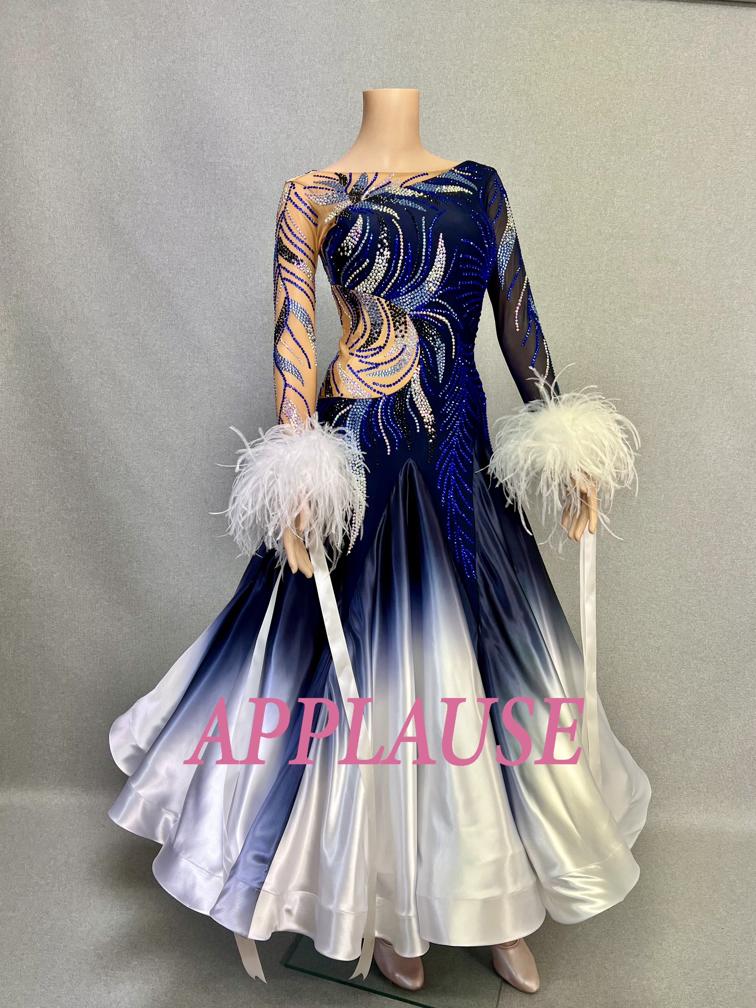 【新着】社交ダンス ドレス　スタンダード　モダンドレス　ネイビーグラデーション　M　ST-25-20　 デモ・競技用ドレス　発表会衣装　パーティドレス　ワンピース　舞台衣装