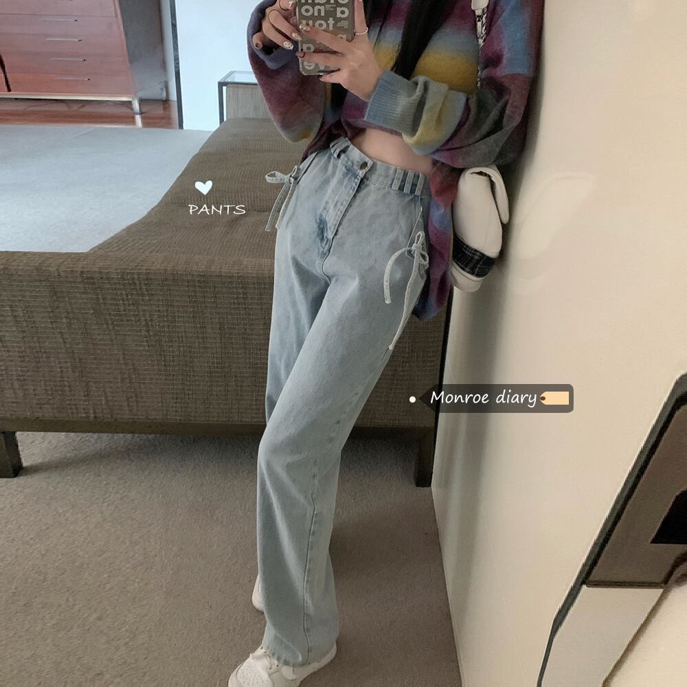 ブルーハイウェストウェストスリムルーズジーンズ スプリングオータムパンツ 春物 秋物 モンロー63430874462