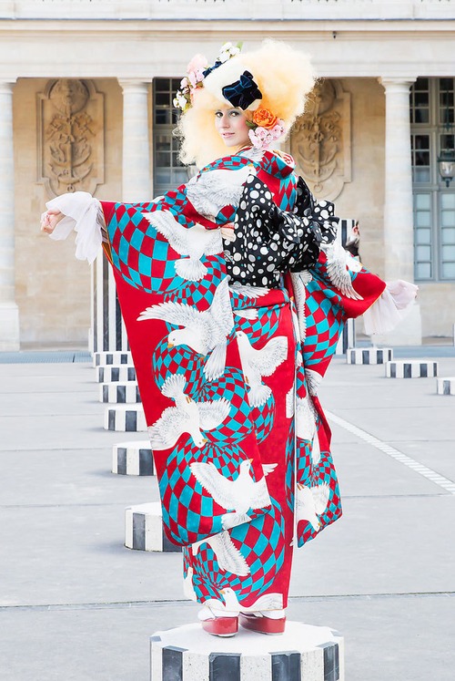 鳩柄ポリエステル振袖　赤×青緑