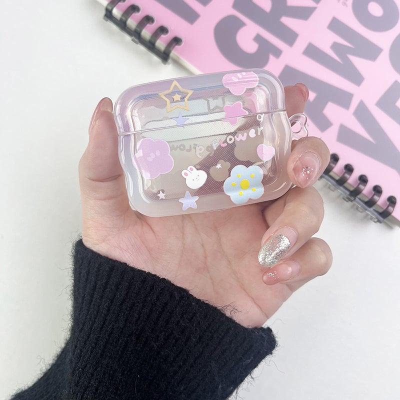 Airpodsケース】かわちい◎透明ケース うさぎ お花 星柄 カラフル