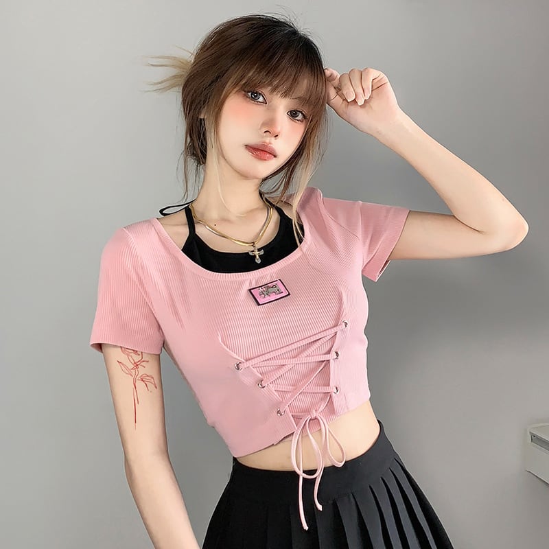 ピンク】2025夏 新作♡ くびれ見せリボン付きクロップドTシャツ 甘辛