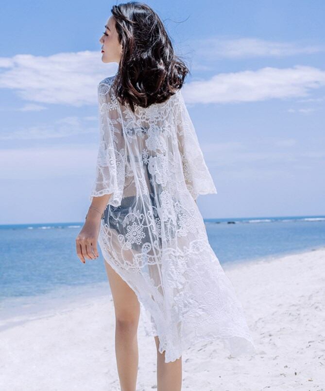 レースビーチカバー ロング丈ビーチウエア カーディガン アウター