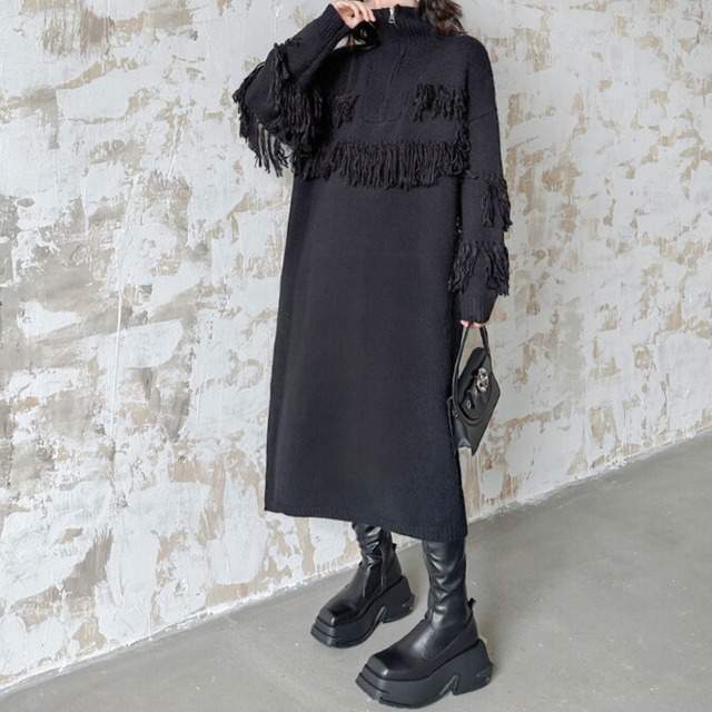 Tassel knit mid-length dress C0395