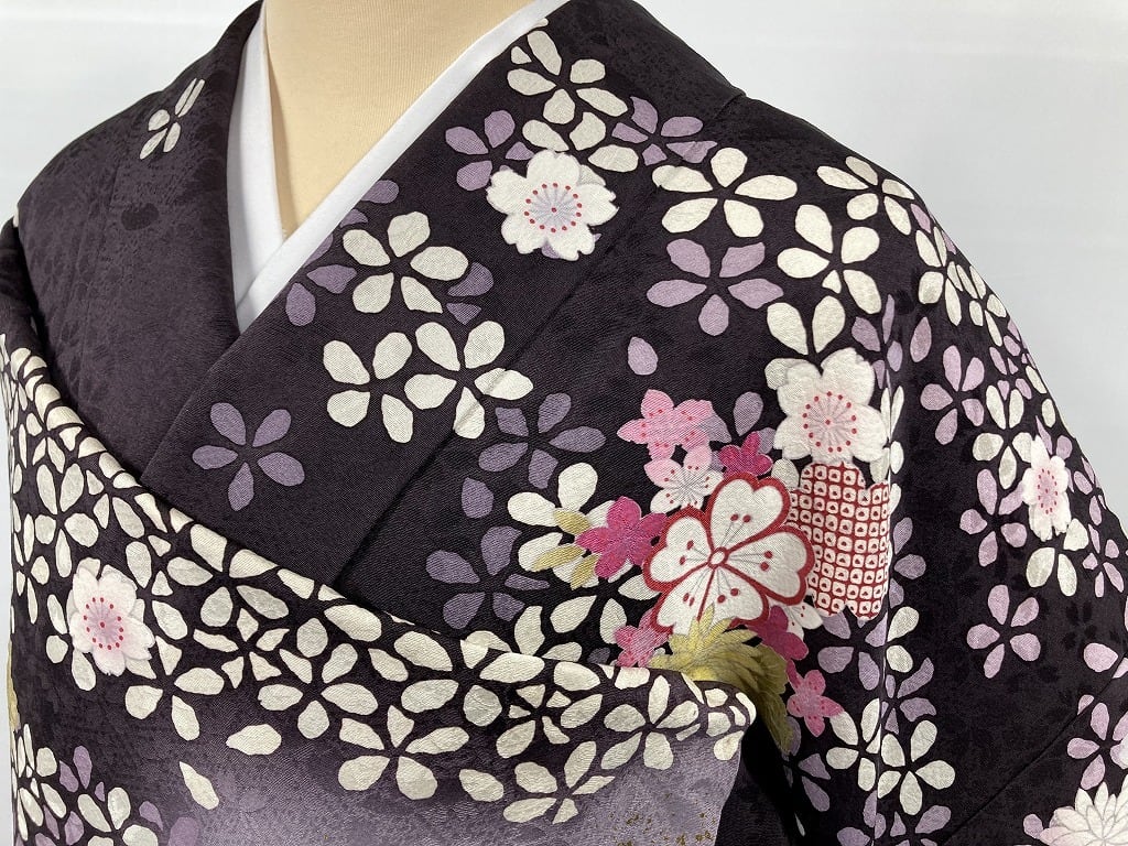 金駒刺繍 花づくし 桜 金箔 振袖 正絹 紫 濃色 黒 白 ピンク 038