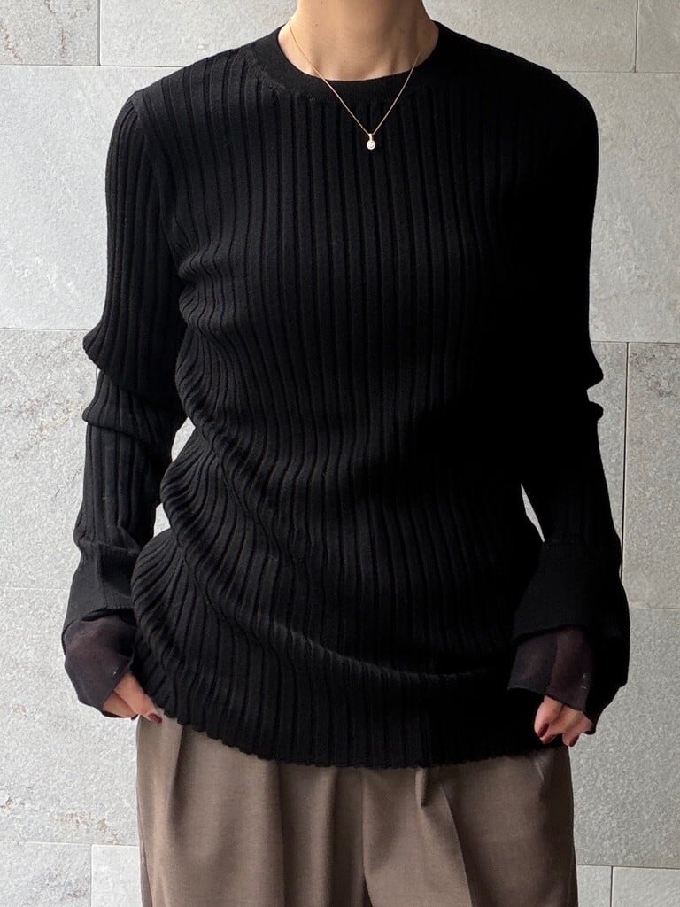 ウォッシャブルウール 袖口レイヤーリブニットプルオーバー