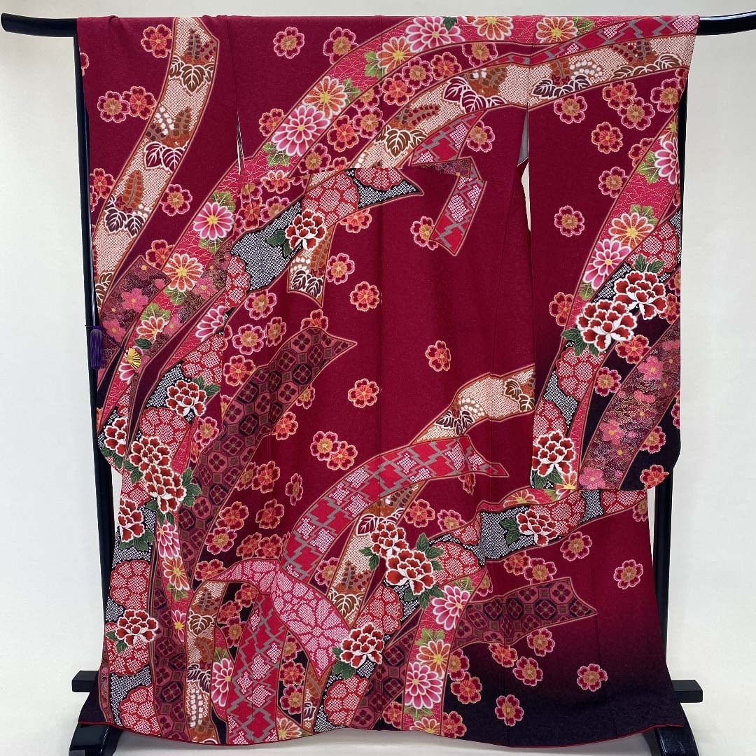 振袖 中古 正絹 美品 花柄 L サイズ 赤 水色 ピンク 成人式 古典 裄  
