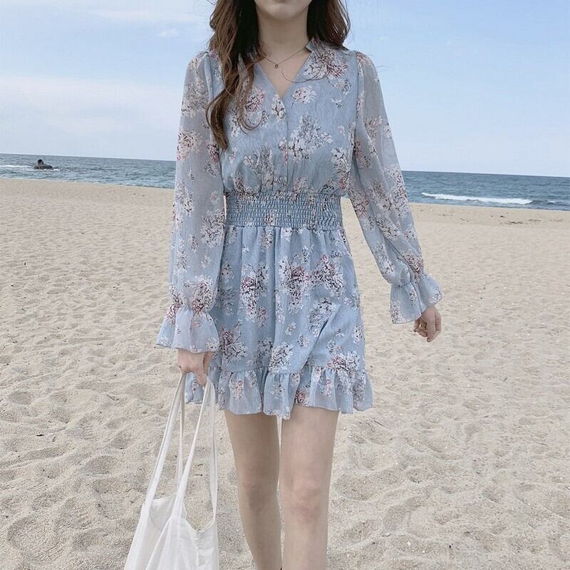 花柄ウエストリブシフォンミニワンピース 549 Mimirie