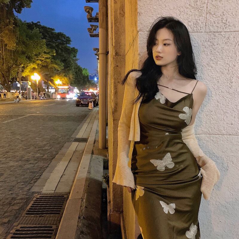 ドレス Butterflyデザイン ウェストスカート サマースタイル薄手 夏物 ブラックストロベリース43082569018