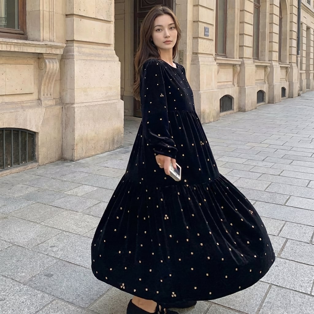 Embroidered velvet long dress 00174