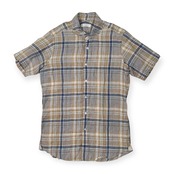 麻100% ANGLAIS アングレー チェック柄 半袖 リネンシャツ サイズ LL /メンズ/ワイドカラー