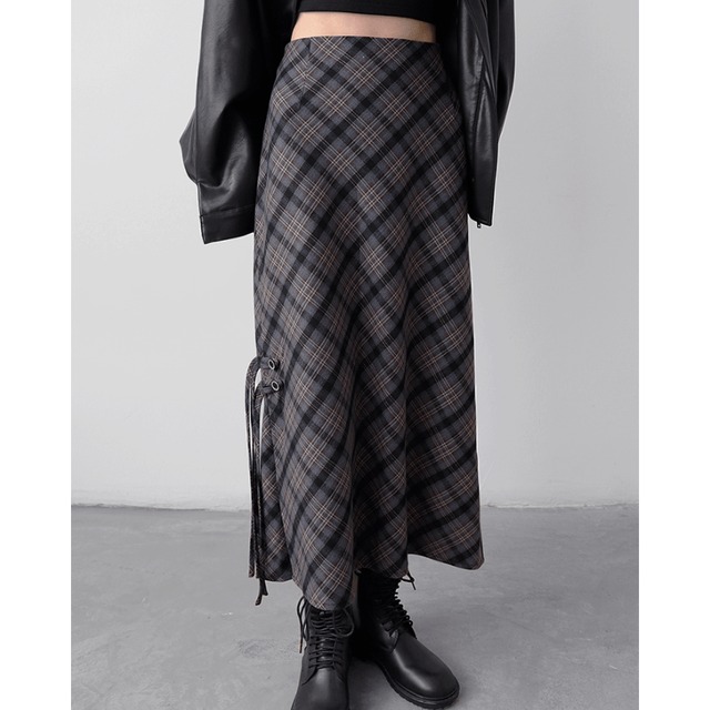 checked side slit long skirt L0630
