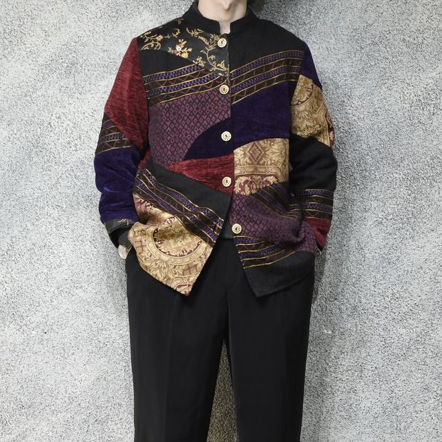 patch work design stand collar jacket