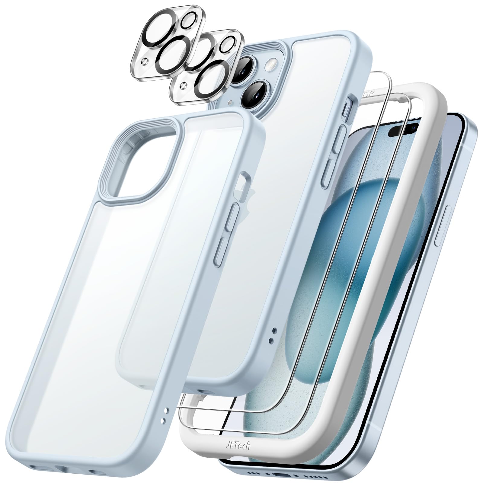 JETech 5 in 1 iPhone 15 6.1インチ用 マットケース 2枚強化ガラス
