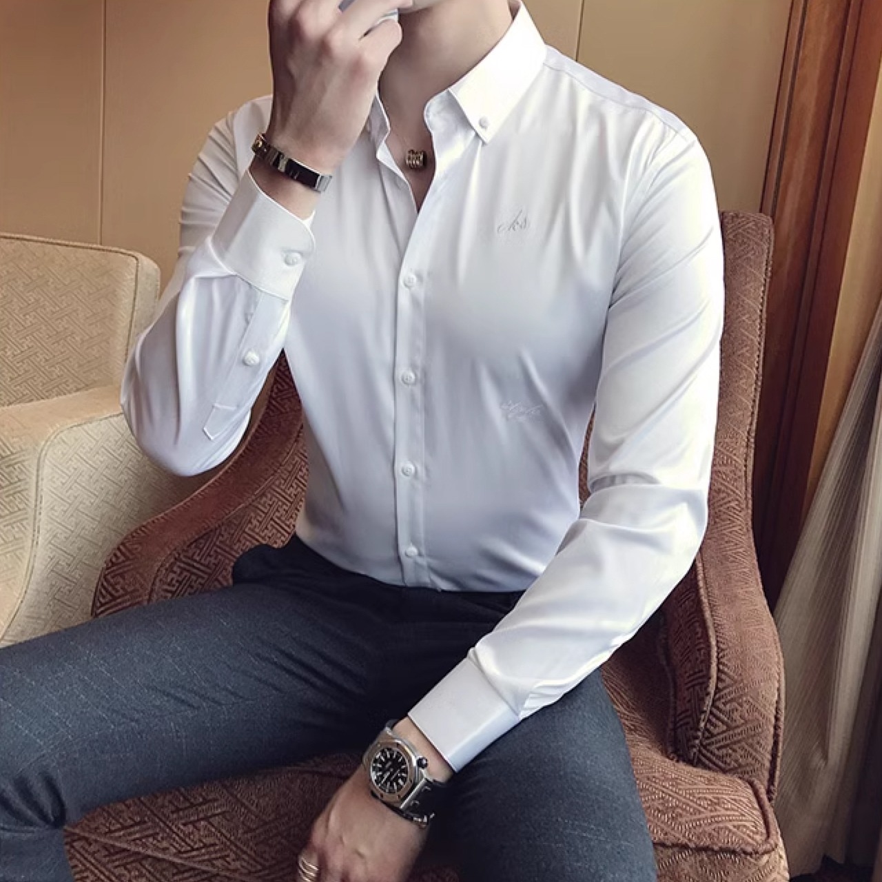 韓国スタイルシルケット加工抗シワノーアイロンサーマルシャツ　SH039