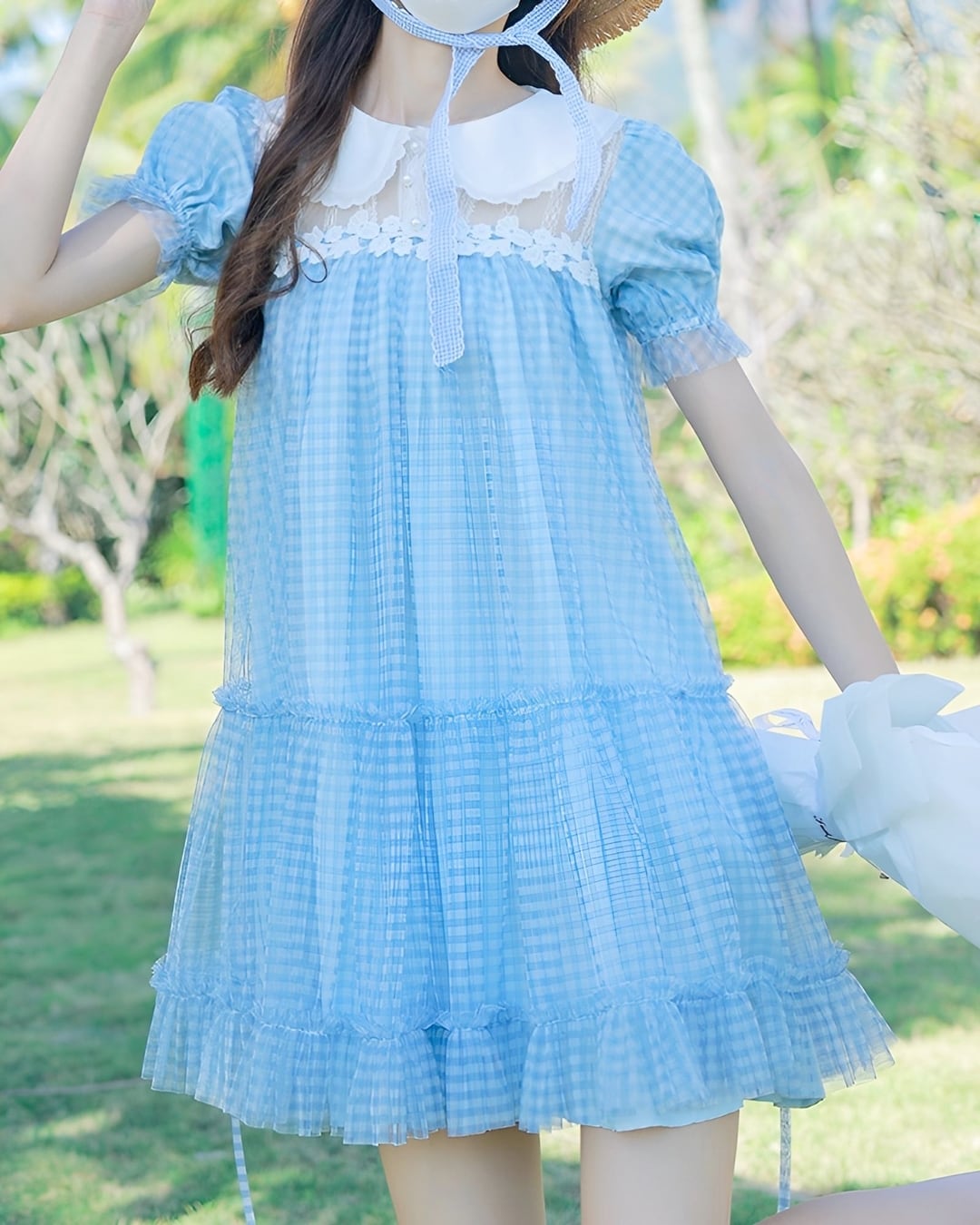 メッシュブルーチェックワンピース 2502003
