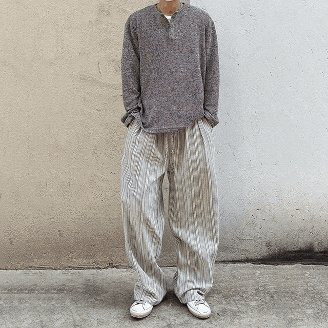 RCMANゴムウエストストライプ柄ロングパンツ