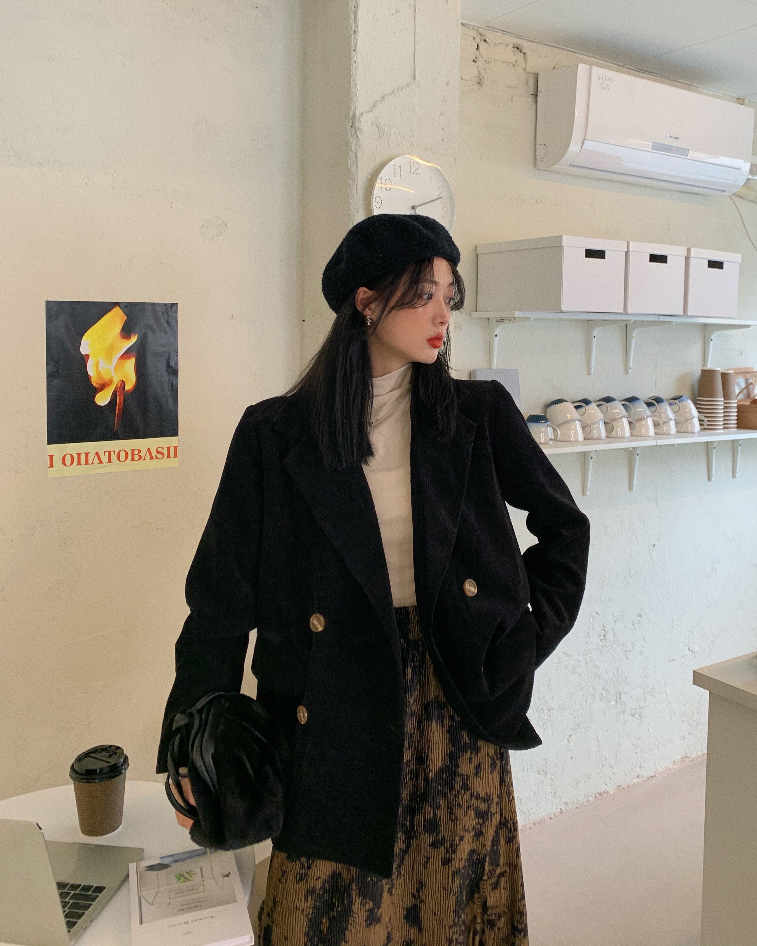 コーデュロイブレザー スプリングスタイルブラックルーズブラウス 春物 ブラックストロベリース91091521245