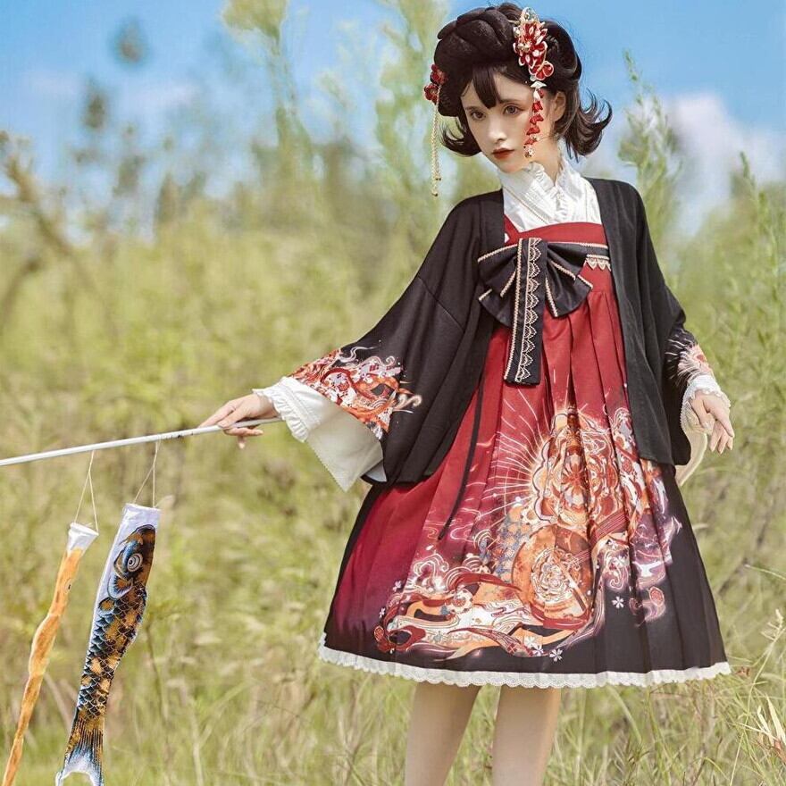 サブカル 服 地雷系 通販 和ロリ 着物 和装 3点セット 羽織り シャツ スカート リボン レトロ ガーリー 甘め 可愛い