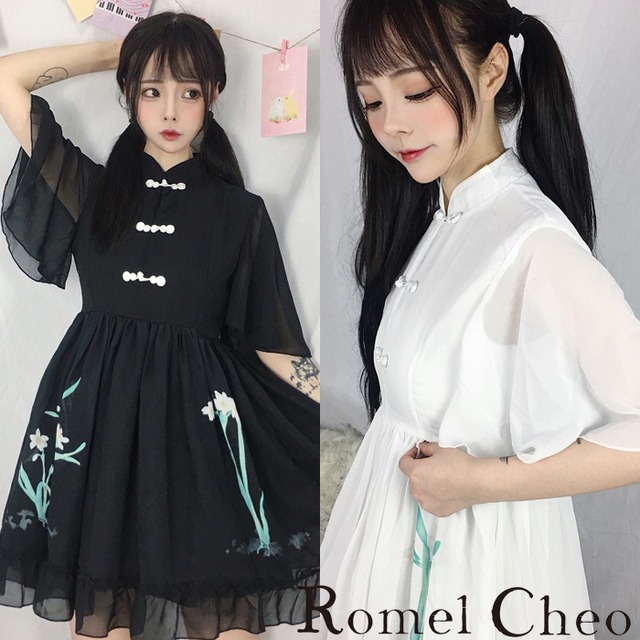 Romelcheo チャイナシースルーワンピ モノクロ チャイナ服 レディース 花柄刺繍 原宿系 かわいい ロリータ 青文字系 アジアン ガーリー フレアーワンピ エスニック フラワープリント 黒 白 モード系 モノトーン ロメルチェオ Romelcheo