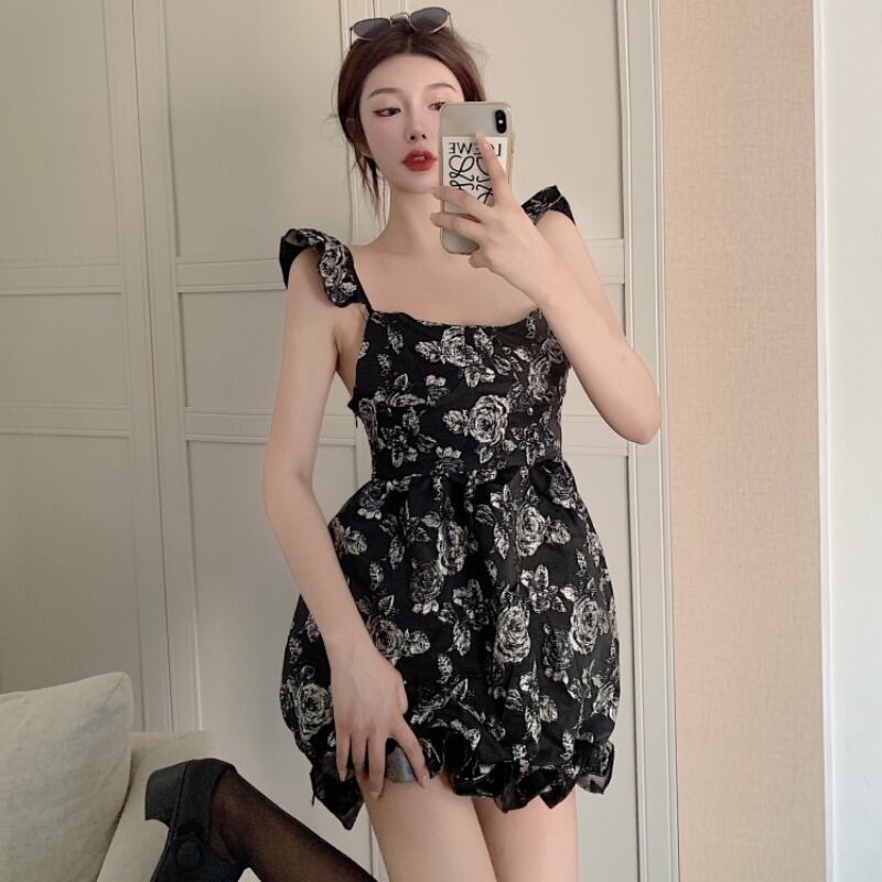 スタンダードスタイルブラックドレス ウェスト薄手レディース レトロ ハンチェンe32006127023