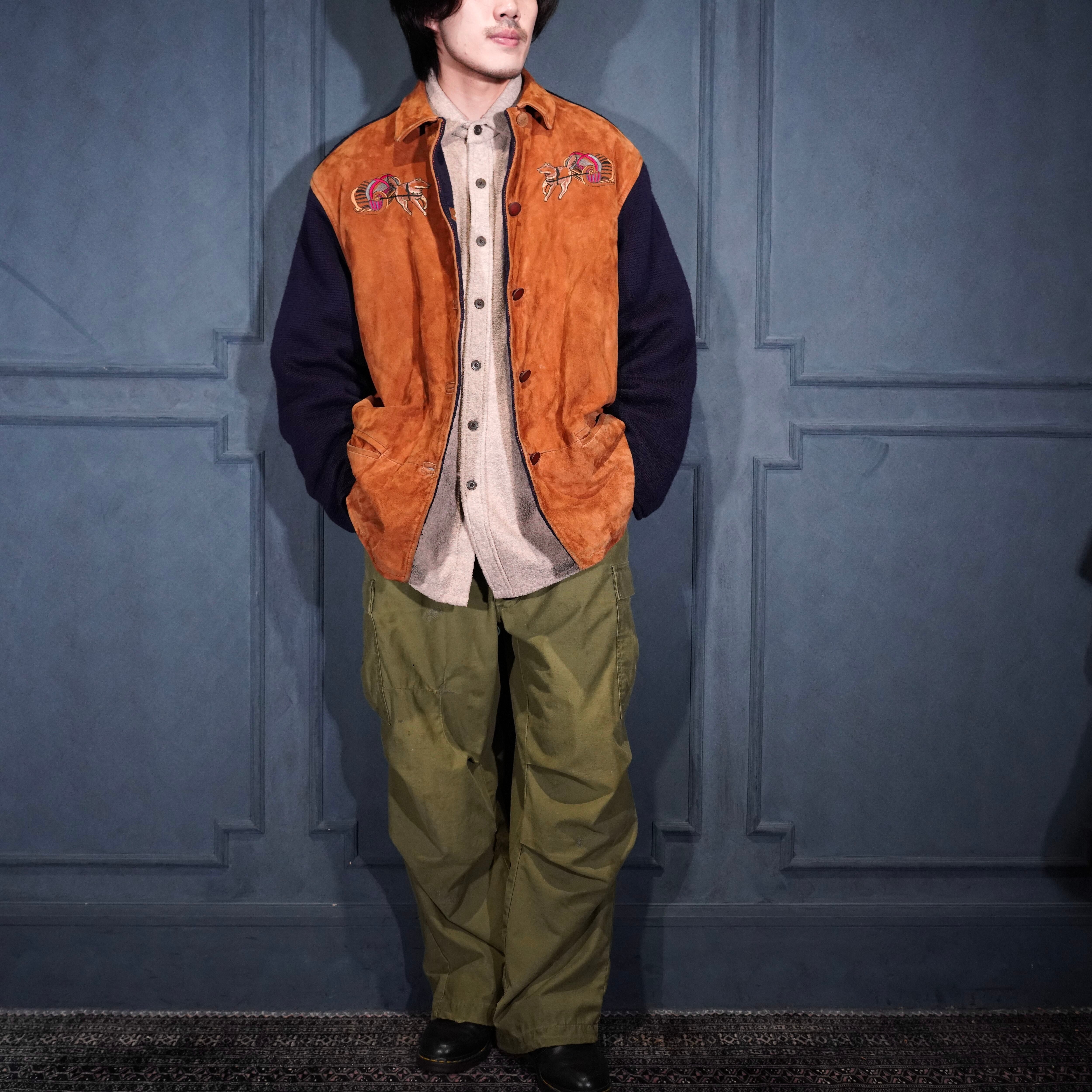 EU VINTAGE ICEBERG WOLF EMBROIDERY KNIT SWITCHED DESIGN LEATHER