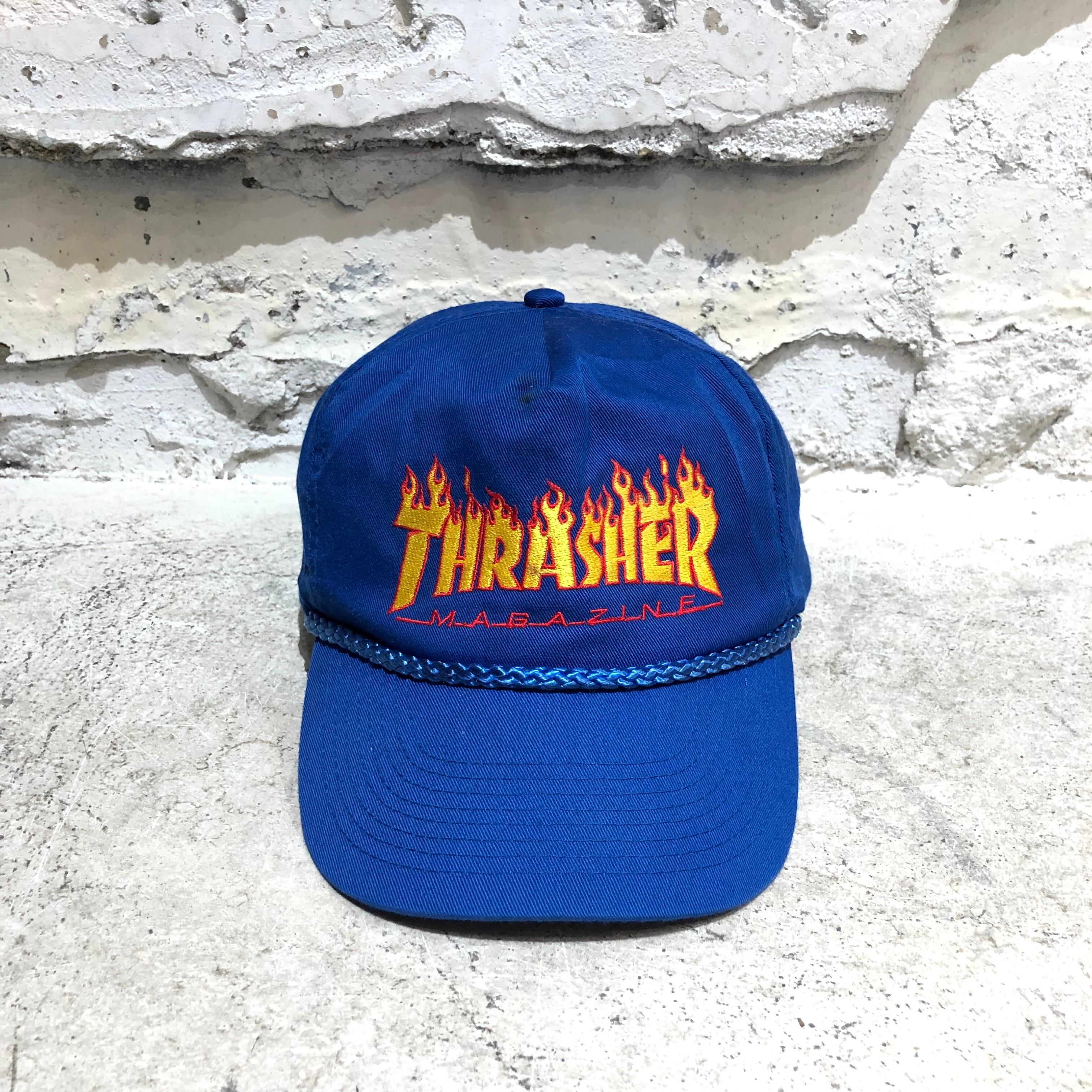 帽子90s スラッシャー THRASHER キャップ FLAME CAP USA 青