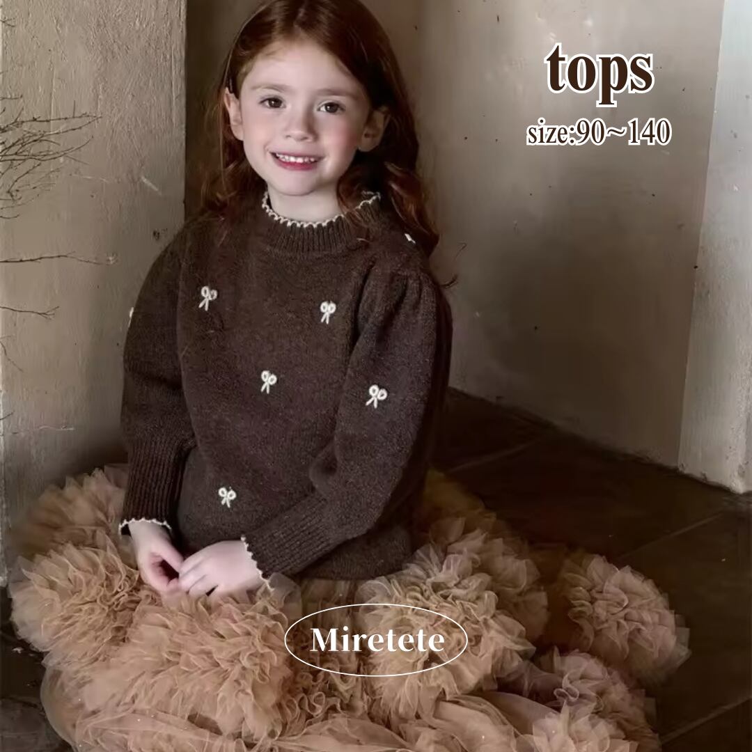 【取寄】流行りのリボンがキュートパフスリーブニットトップス