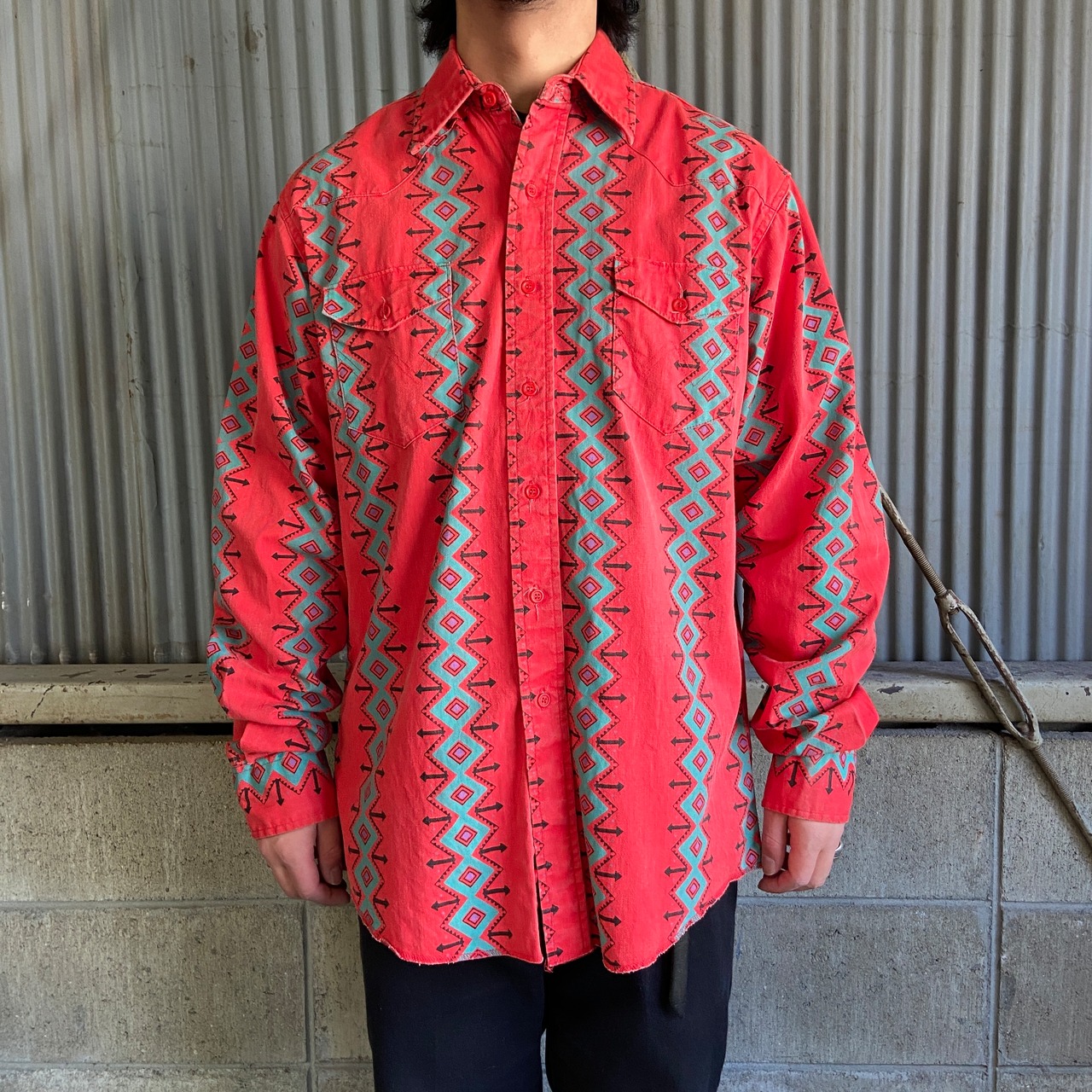 90年代 Wrangler ラングラー ネイティブ 総柄 長袖 ウエスタンシャツ 