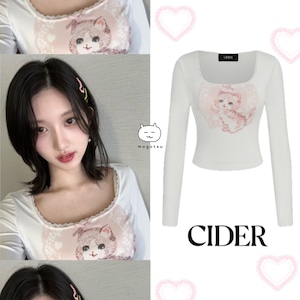 送料無料 ★IVE ガウル 着用!!【CIDER】レースリボンキャットプリントT