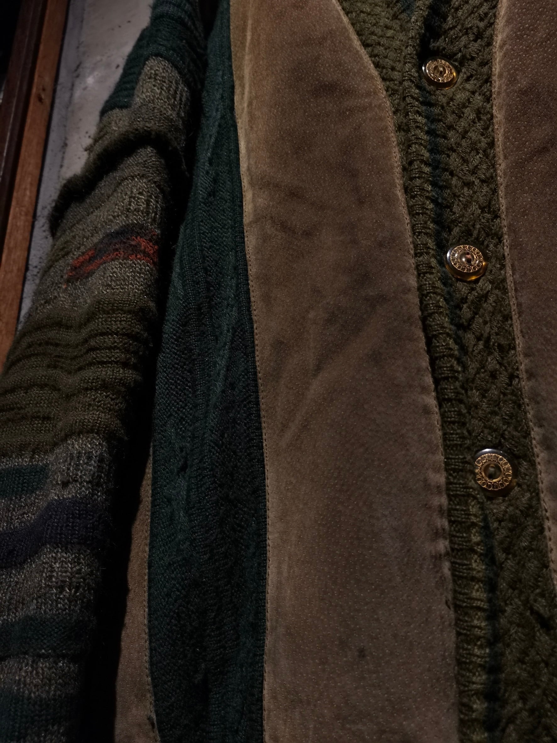 Caka】Suede Leather Switching Vintage Loose 3D Knit Cardigan 