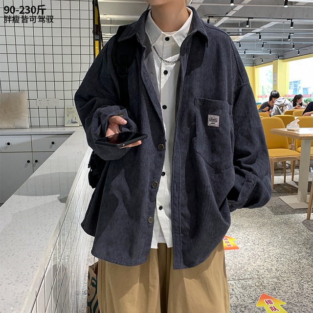 シャツ オータムスタンダードカジュアルコーデュロイルーズジャケット ロング レトロ 大きめサイズ 秋物 ヒップホッププラスサイズ74564772522