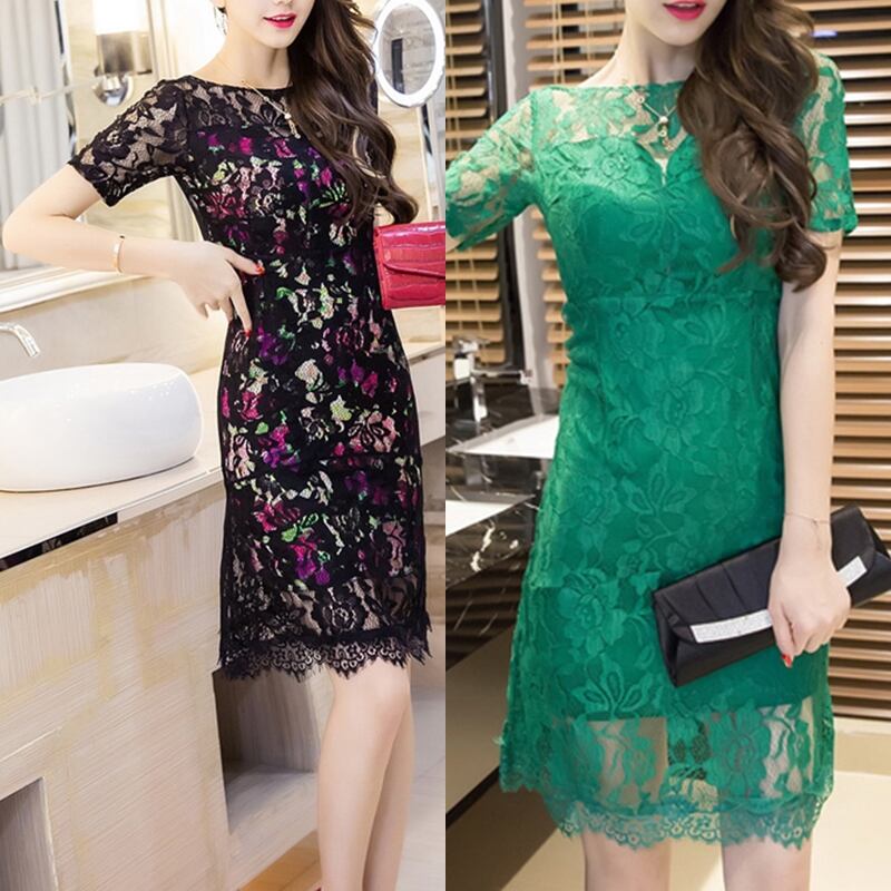 半袖 総レース タイト ワンピース