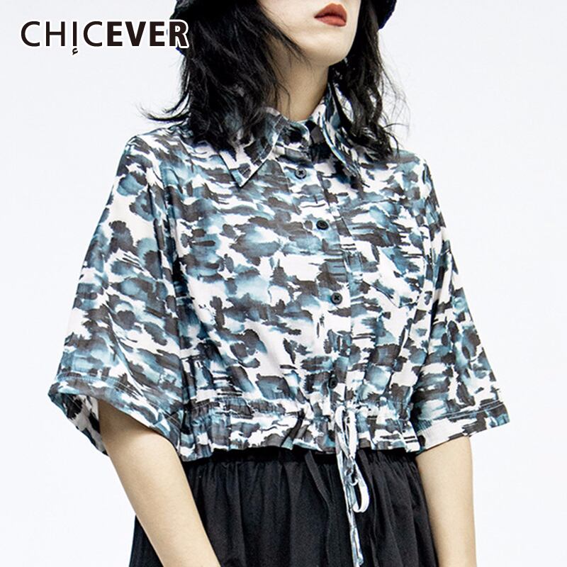 CHICEVERヴィンテージプリントシャツレディースラペルカラー半袖巾着レースアップシャーリングサマーブラウス2020年夏 ショート ハーフスリーブ 夏物 ビンテージ 6base523474514350