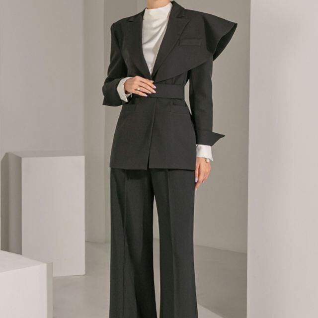 【予約販売】セットアップ レディース ジャケット パンツ ブラック S M L XL ワイドパンツ パンツスタイル スタイリッシュ クール かっこいい おしゃれ セミフォーマル