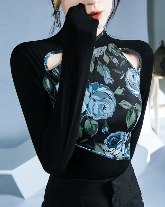 チャイナネック フラワープリント ロングスリーブ ダンスカットソー  ds1422