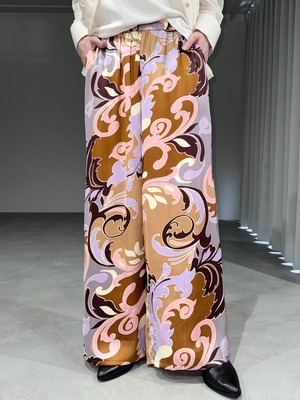 satin paisley wide pants / brown × pink × lavender