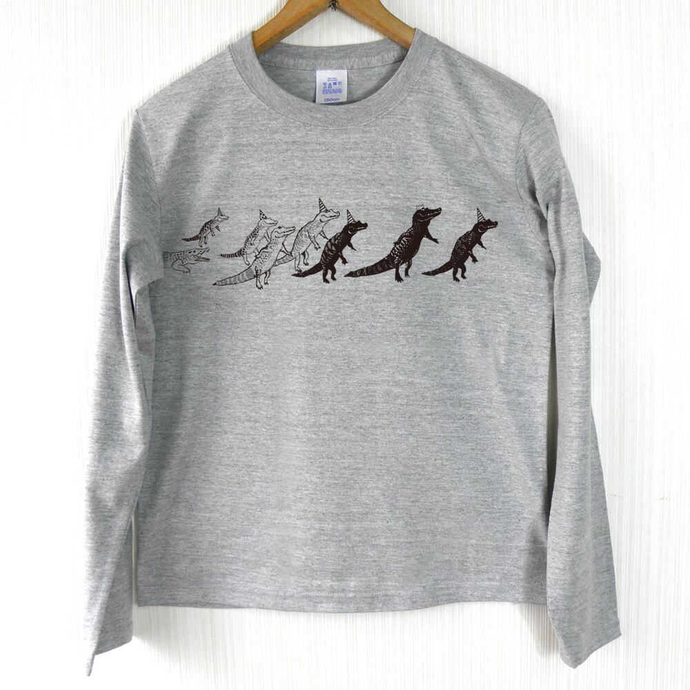 ワニ行進 長袖Tシャツ（選べる3色）｜手刷り 大人可愛い動物イラスト