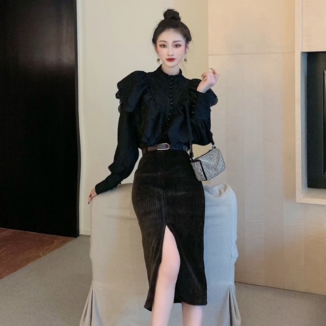 シャツ レディーススタンダードウィンターブラックトップス レトロ 冬物 YY-ファッション2292202402