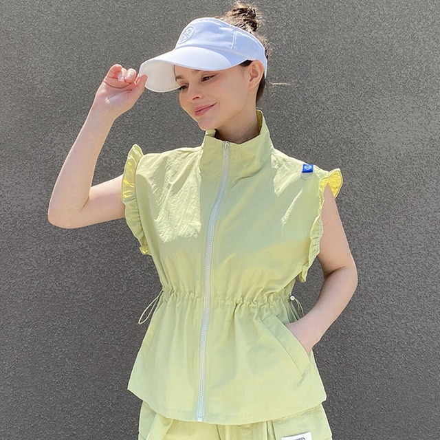 【セール】フリル袖ウエスト絞りジップアップベスト