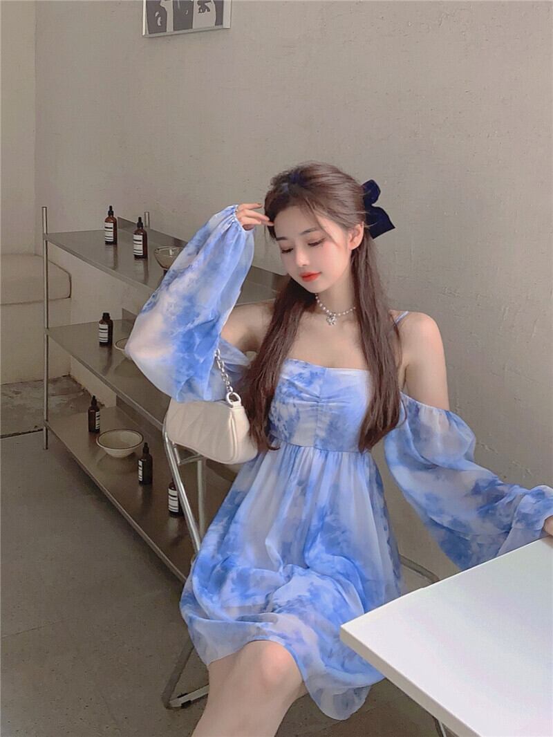 絞り染めの長袖サスペンダードレス女性2020年秋新しいショートスカートフレンチレトロデザインニッチスカート ブラックストロベリース40485717313