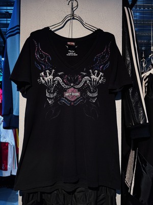 "Harley-Davidson"line stone&skeleton design T shirt