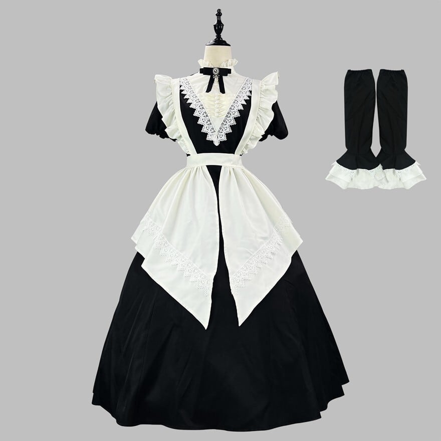 クラシカルメイド服 ロングスカート 付け袖付き 黒白ワンピース｜WithU