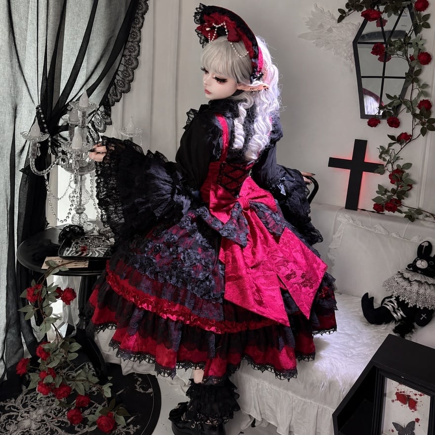 薔薇姫の深紅夜会 ローズレース多段フリルゴスロリジャンパースカート